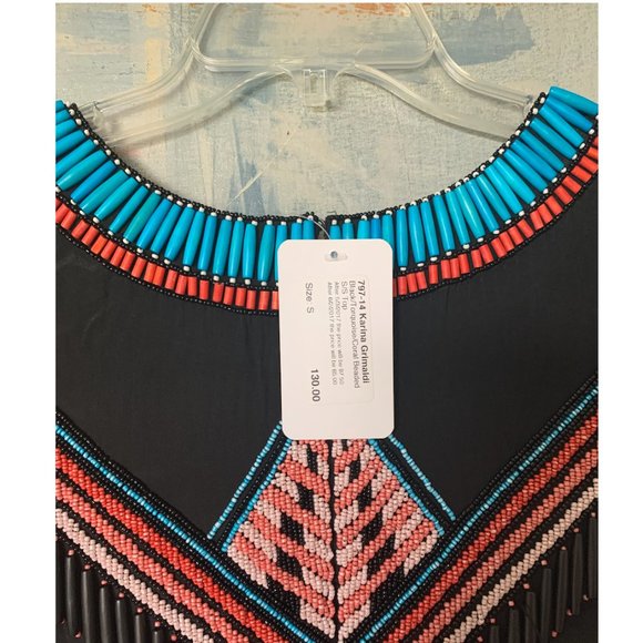 Karina Grimaldi Black/Turquoise/Coral Southwest Beaded Top - Small - Picture 5 of 5